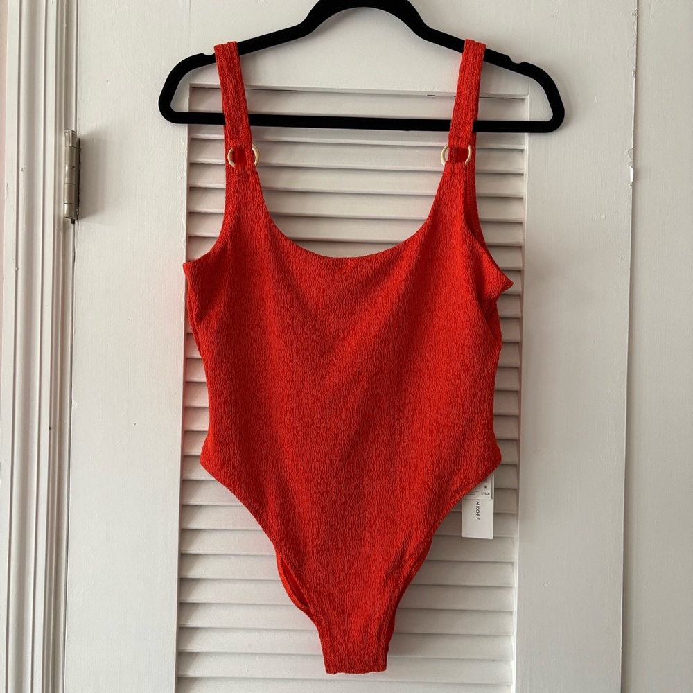 NWT: Rebecca Minkoff Textured Coral One-Piece Swimsuit with Gold Ring Detail
